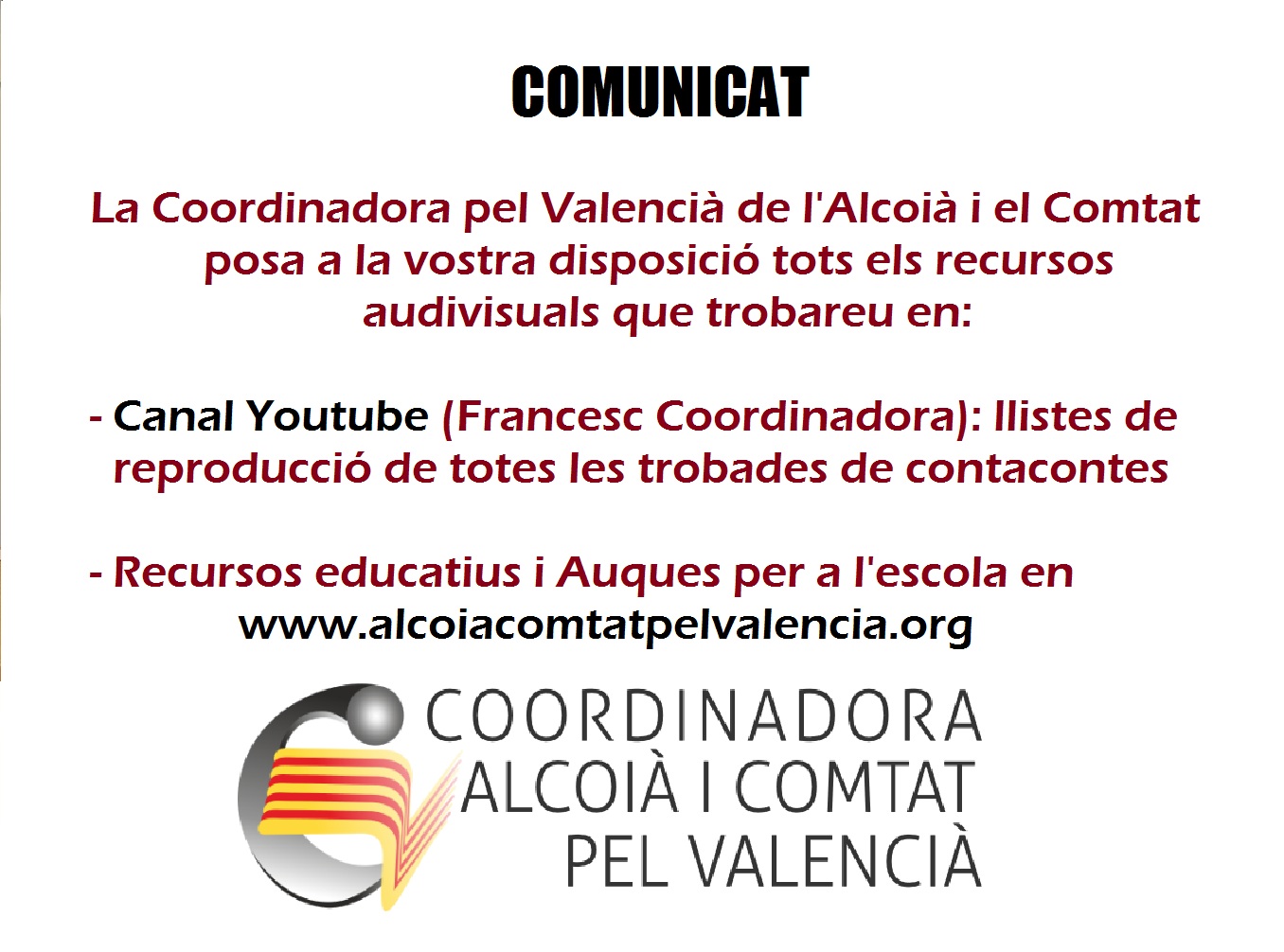 Comunicat i recursos educatius en línia de la Coordinadora pel Valencià